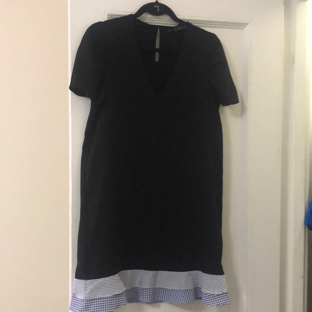 Cap sleeve black mini dress with stripe,gingham layers